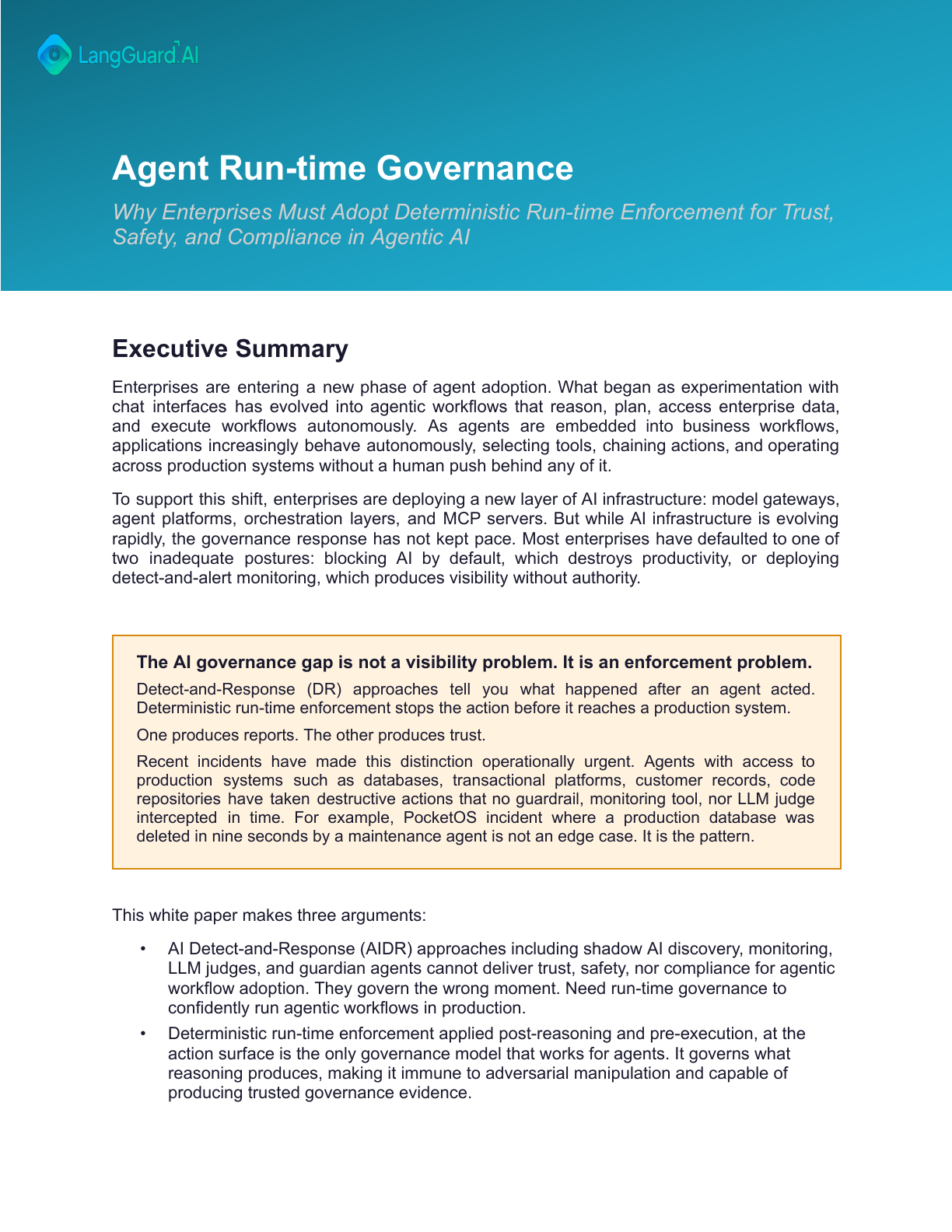 Cover of the LangGuard Agent Run-time Governance Whitepaper